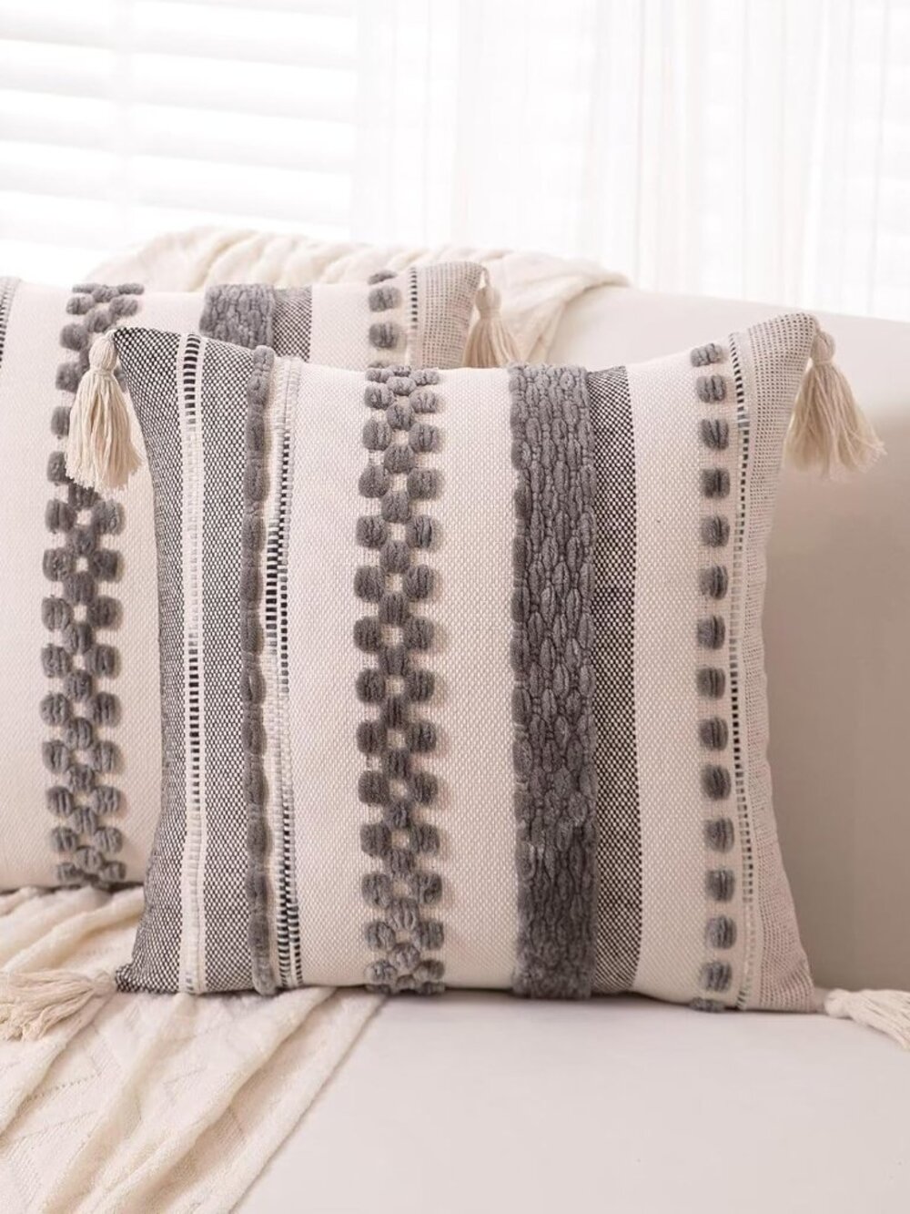 Boho Throw Pillow Covers 18x18 Set of 2 Woven Tufted Pillows Cover